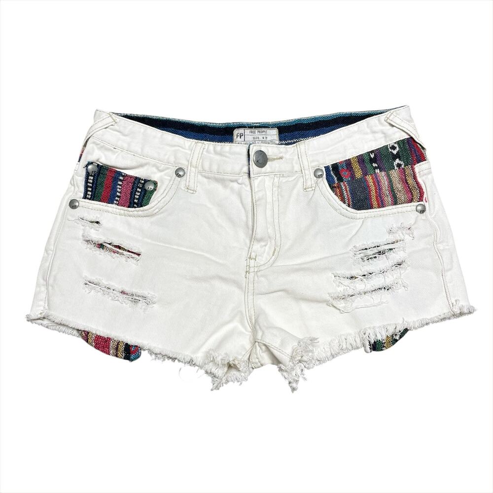 FREE PEOPLE Baja Rugged White Jean Shorts w/ Aztec Woven Inserts Size 27